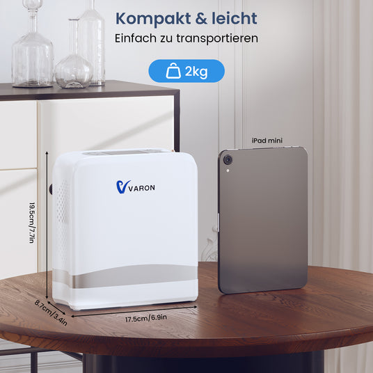 VARON VP-8 Lite | 2 kg tragbarer Sauerstoffkonzentrator mit Pulsdosierung (1–7 Stufen) VARON