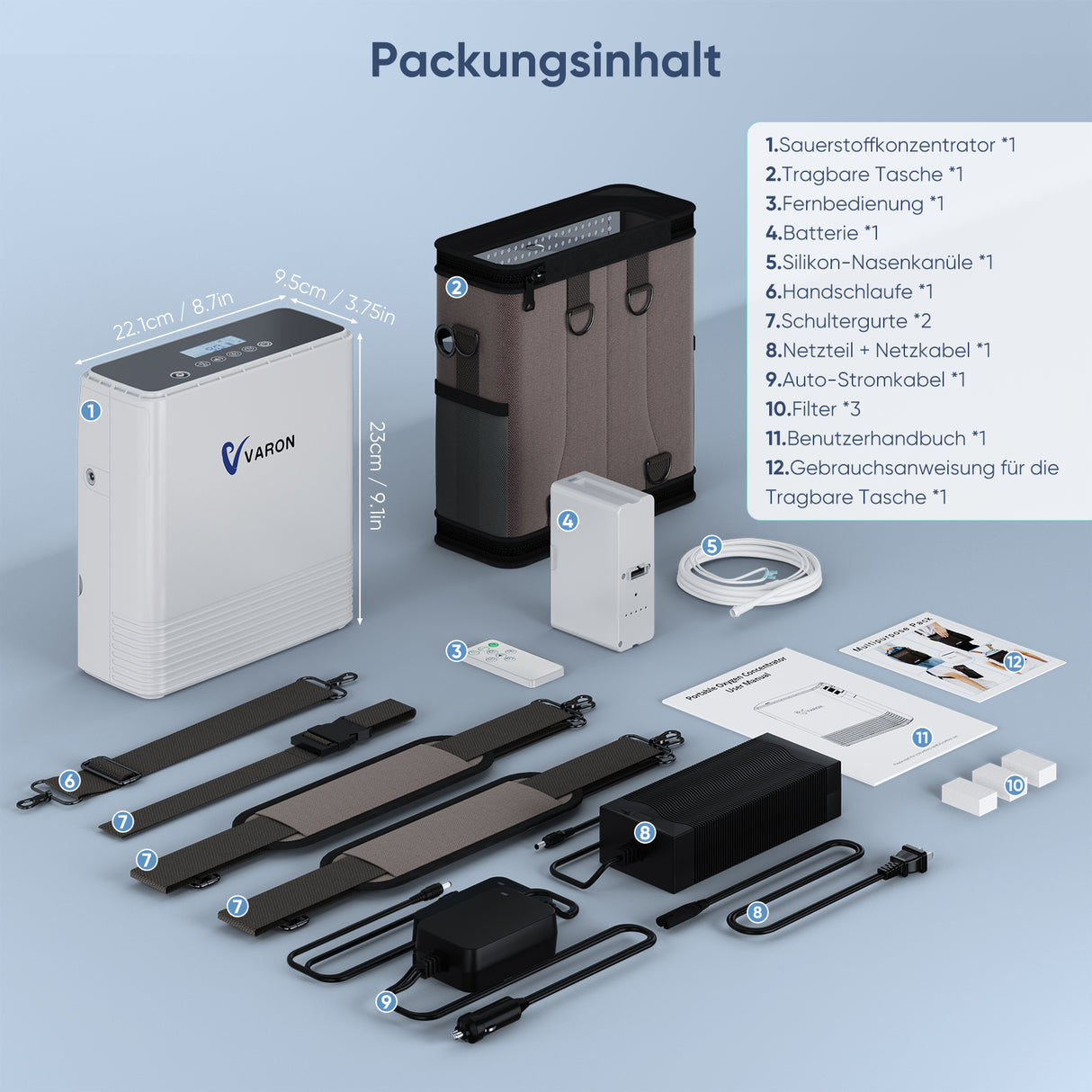 VARON VP-6 Kontinuierlicher tragbarer Sauerstoff-Konzentrator | 1-6L/min Durchfluss, CE-geprüft VARON