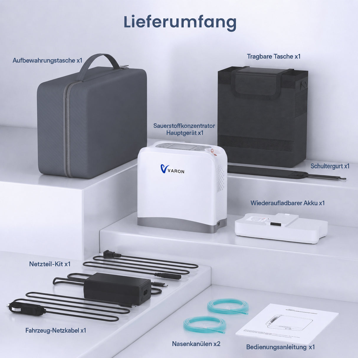 VARON VP-8 Lite | 2 kg tragbarer Sauerstoffkonzentrator mit Pulsdosierung (1–7 Stufen) VARON