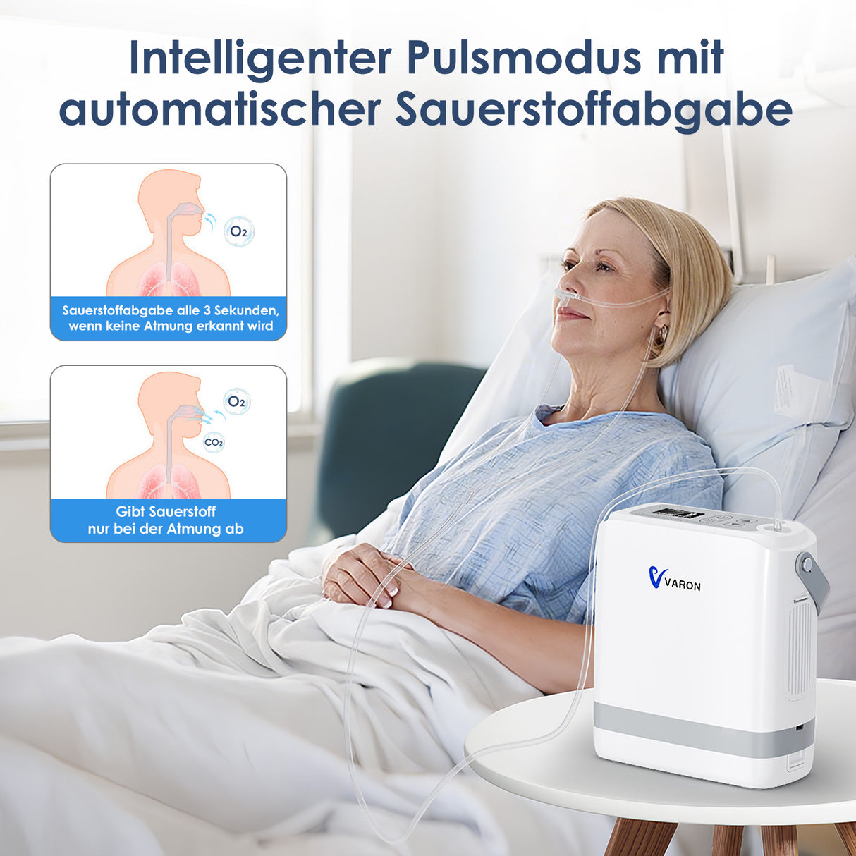 Intelligenter Pulsmodus mit automatischer Sauerstoffabgabe beim VARON VP-8G.