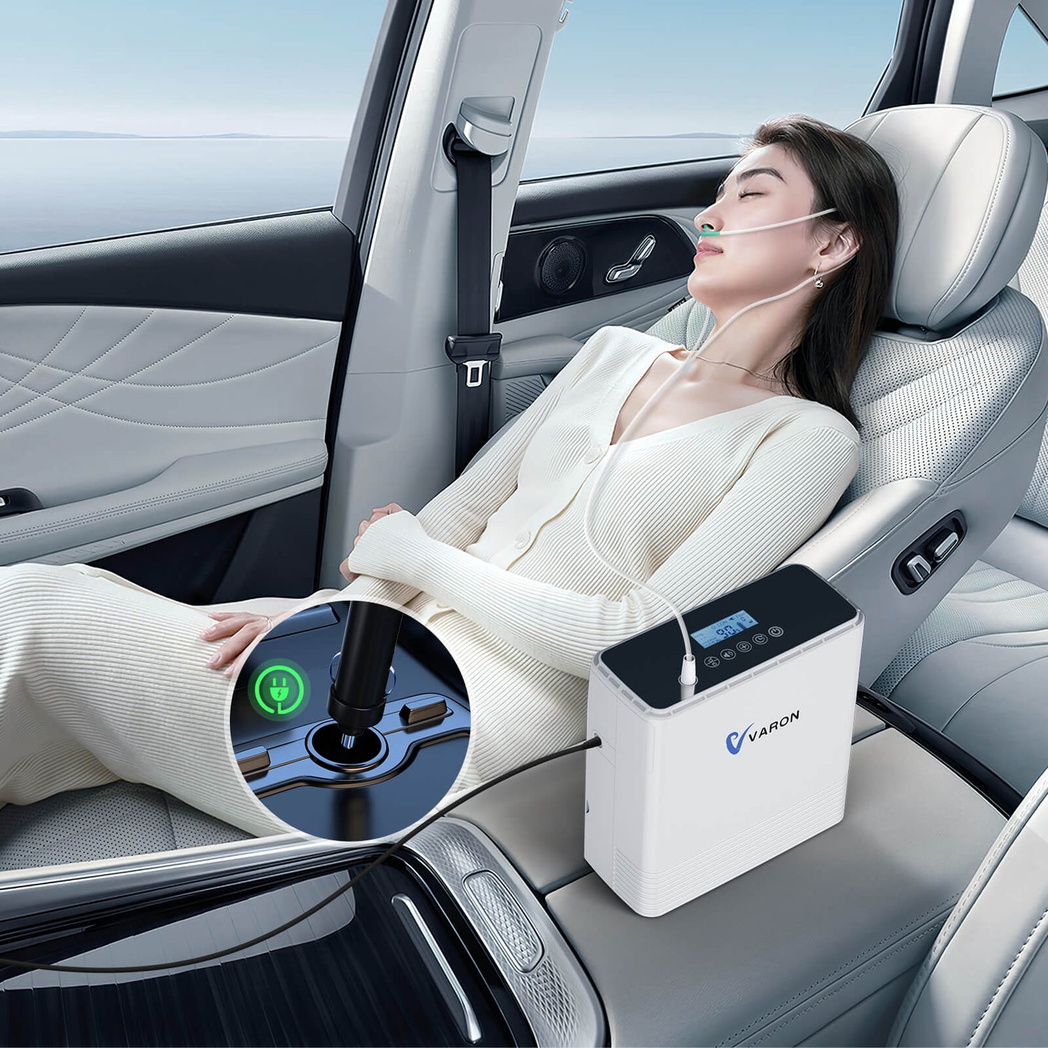 Schwangere Frau, die während der täglichen Routine eine Sauerstofftherapie mit dem tragbaren kontinuierlichen Sauerstoffkonzentrator VARON erhält