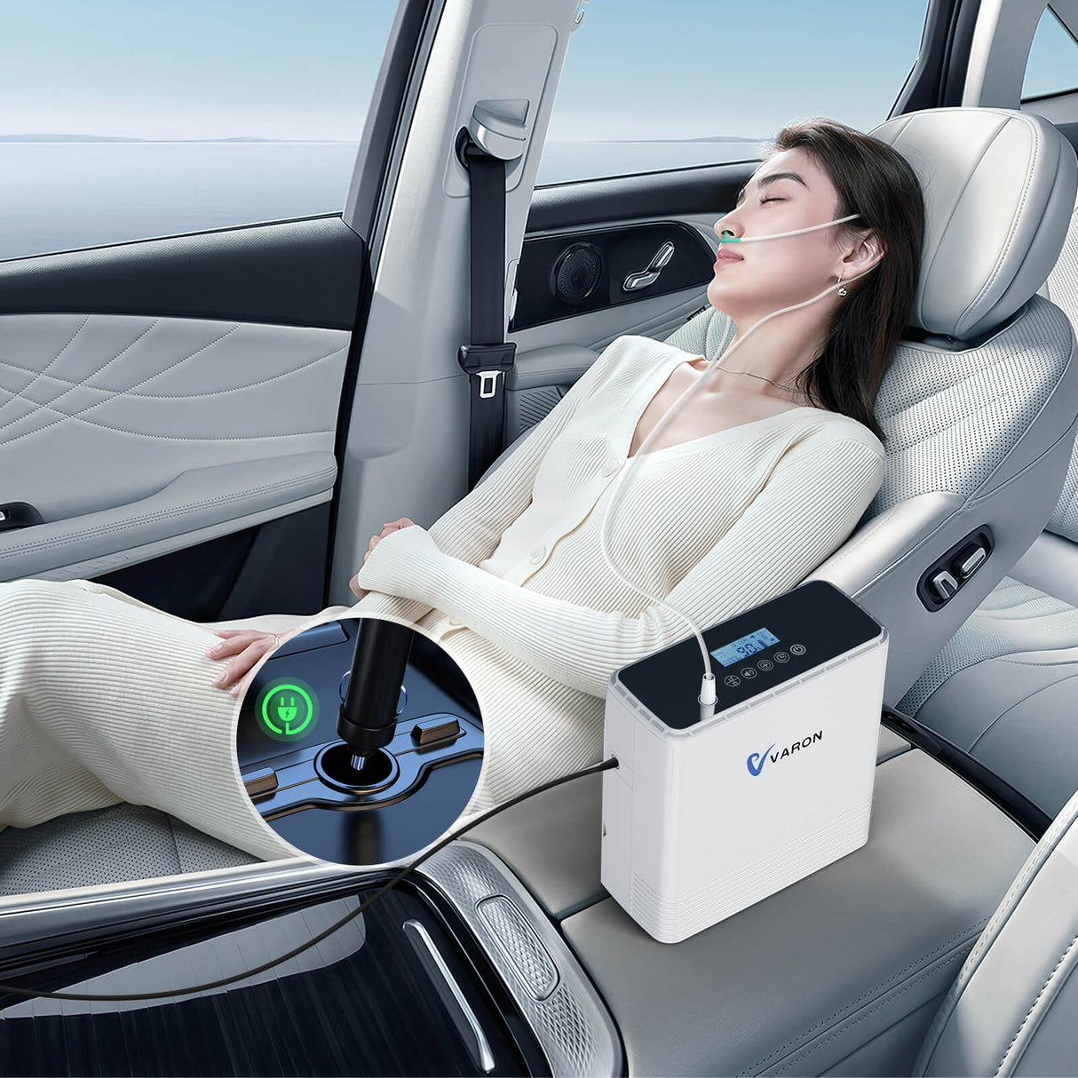 Schwangere Frau, die während der täglichen Routine eine Sauerstofftherapie mit dem tragbaren kontinuierlichen Sauerstoffkonzentrator VARON erhält