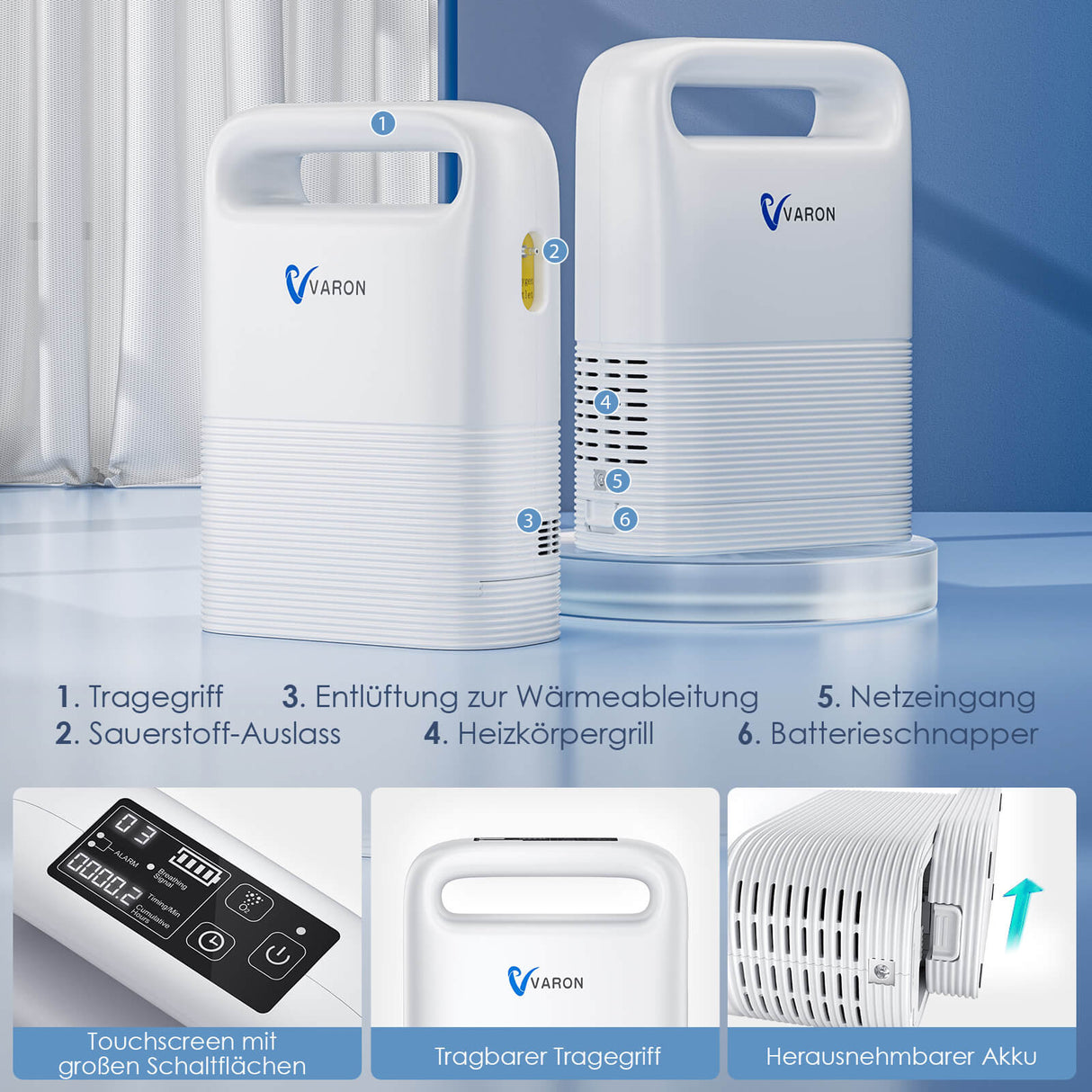 Produktdetails des VARON VP-2 – moderner Sauerstoffkonzentrator tragbar mit kompaktem Design