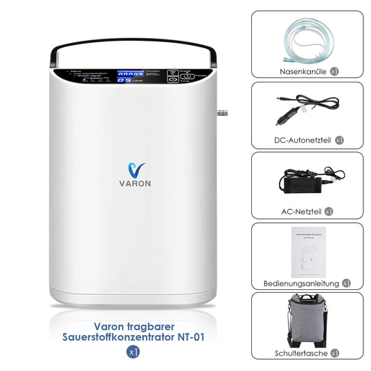 Lieferumfang des VARON VP-1 – tragbares Sauerstoffgerät mit Zubehör und Verpackung