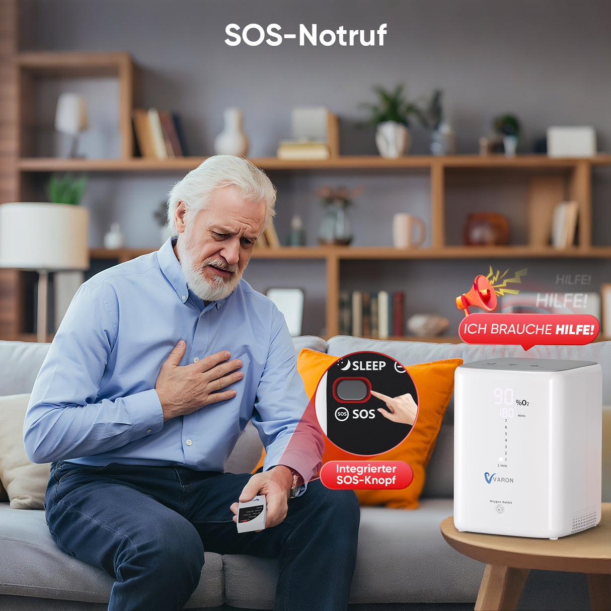 SOS-Notfallfunktion – jederzeit sicherer Zugriff auf zusätzliche Sauerstoffversorgung
