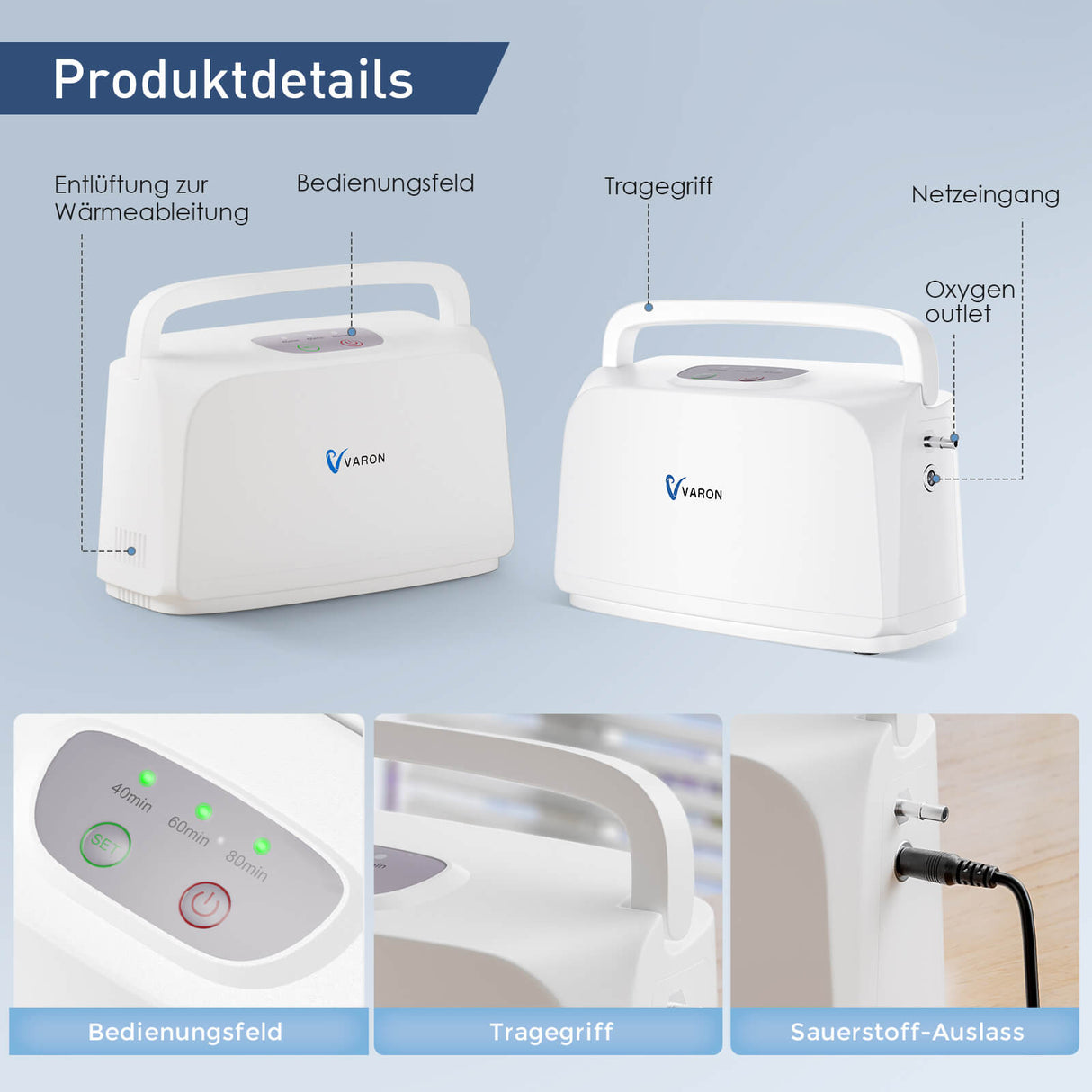 Kompaktes Produktdesign des VARON VL-1 – moderner und benutzerfreundlicher Sauerstoffkonzentrator