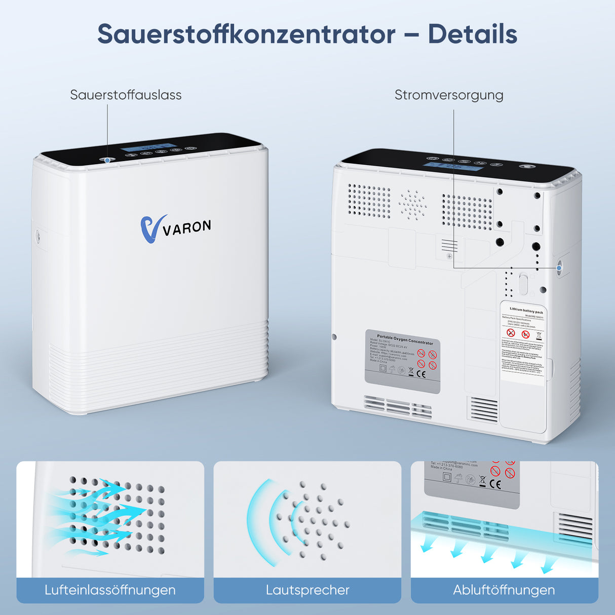 VARON VP-6 Kontinuierlicher Sauerstoffkonzentrator Mobil mit Akku | 6-Stufen-Regelung, CE-geprüft VARON