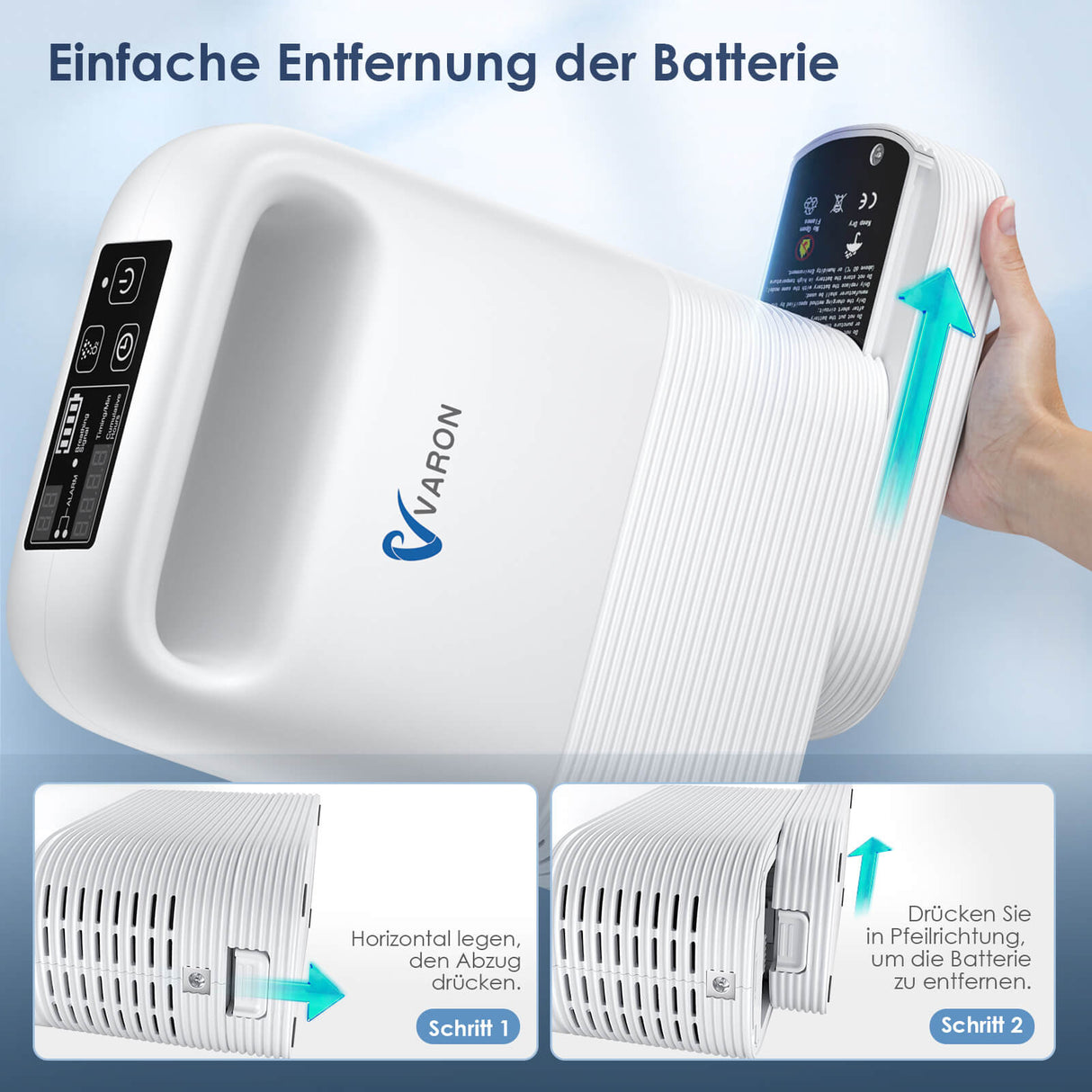 Abnehmbarer Akku des VARON VP-2 – tragbares Sauerstoffgerät für mehr Komfort unterwegs