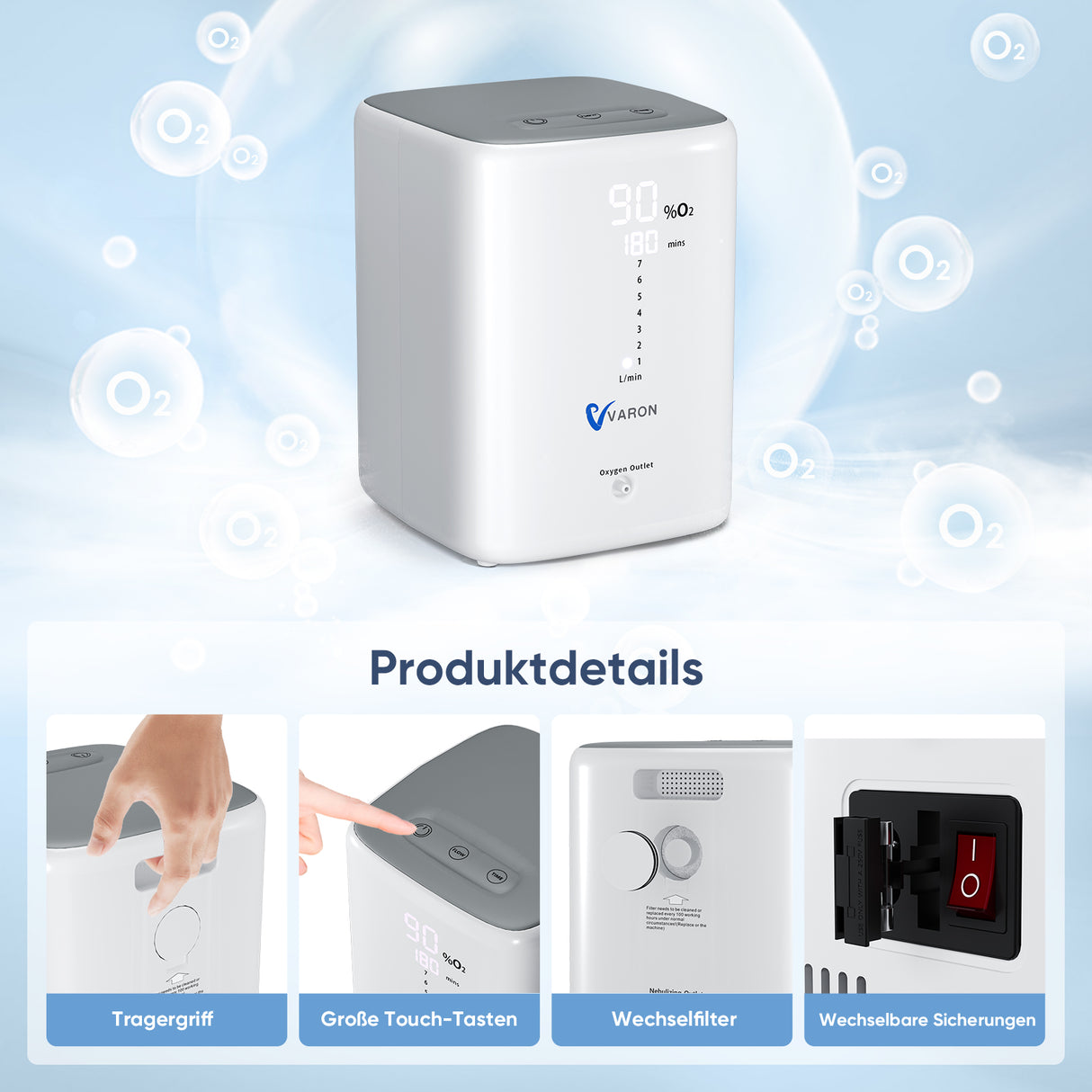 VARON VH-3 Heim-Sauerstoffkonzentrator | 7-Stufen-Regelung, Komfortable Therapie, CE-geprüft VARON
