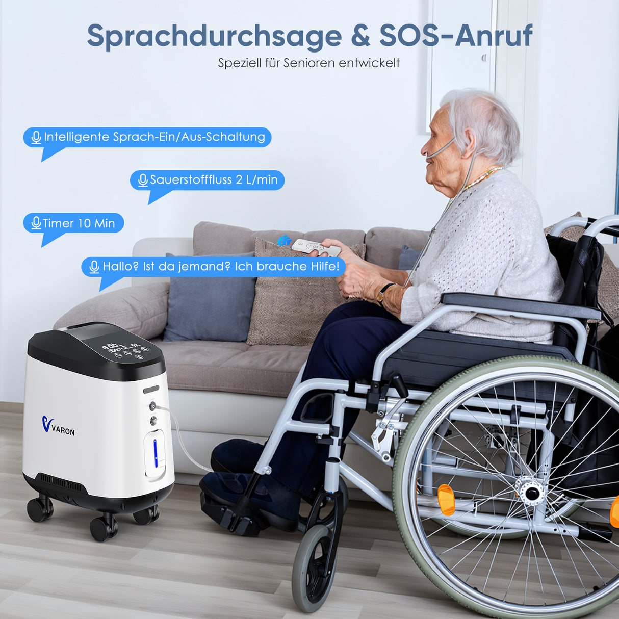 Seniorenfreundliches VH2 PRO Sauerstoffgerät – Mit Sprachanleitung und Notruffunktion.