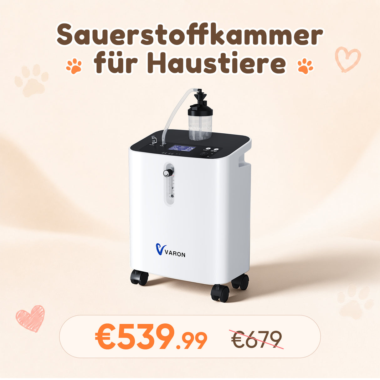 Sauerstoffkonzentrator für Haustiere 1-3L/min | Modell VH-3 PRO | Kompatibel mit VARON Sauerstoffkammer VARON