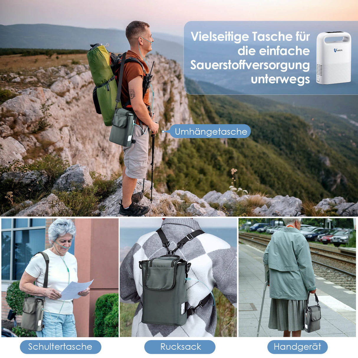 Multifunktionale Tragetasche des VARON VP-2 – tragbares Sauerstoffgerät mit verschiedenen Trageoptionen