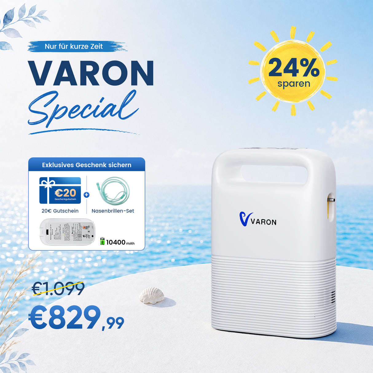 VARON VP-2 Pulse Sauerstoffkonzentrator Mobil mit Akku | 93% Sauerstoff, lange Batterie, CE-geprüft VARON