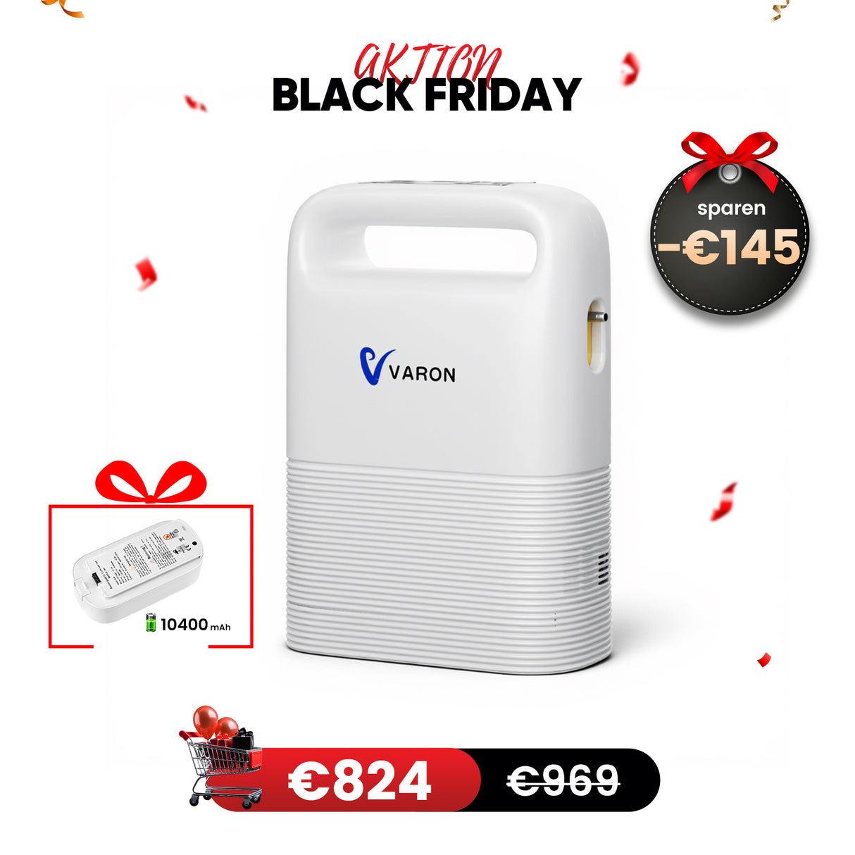 VARON VP-2 Pulse Sauerstoffkonzentrator Mobil mit Akku | 93% Sauerstoff, lange Batterie, CE-geprüft VARON