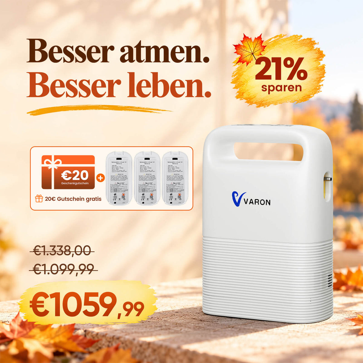 VARON VP-2 Mobiler Sauerstoffkonzentrator Bundle | 8 Stunden Laufzeit mit 2 Zusatzakkus VARON