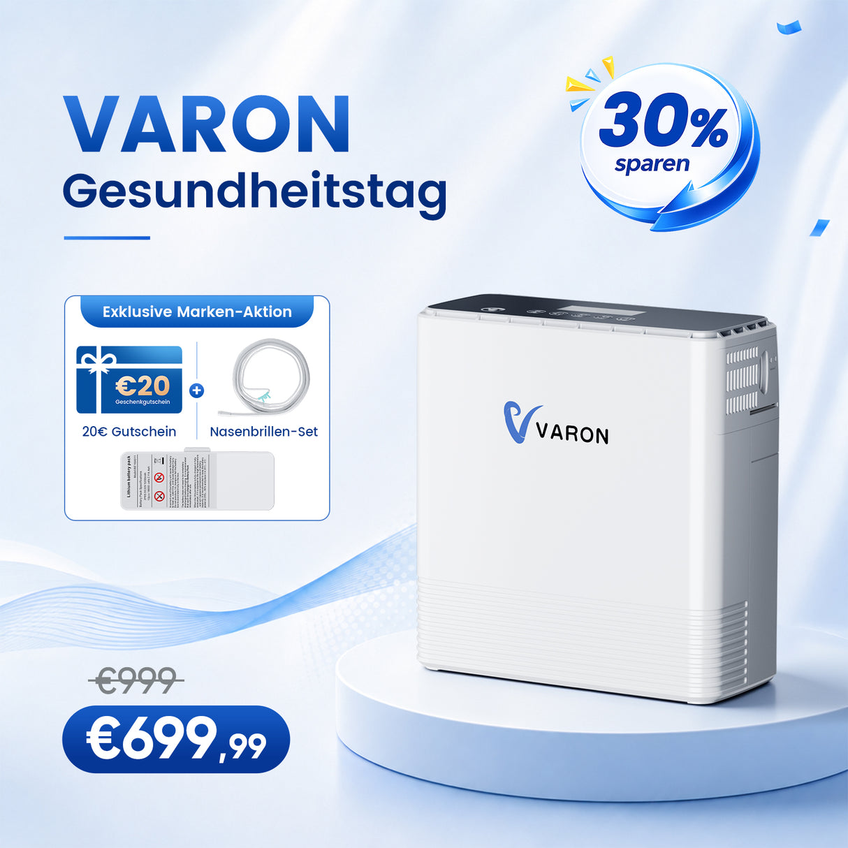 VARON VP-6 Kontinuierlicher Sauerstoffkonzentrator Mobil mit Akku | 6-Stufen-Regelung, CE-geprüft VARON