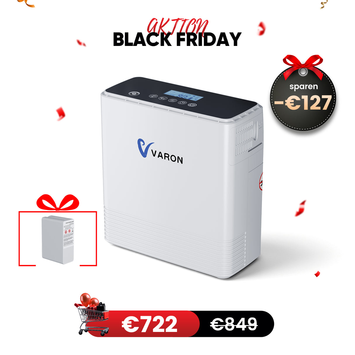 VARON VP-6 Kontinuierlicher Sauerstoffkonzentrator Mobil mit Akku | 6-Stufen-Regelung, CE-geprüft VARON