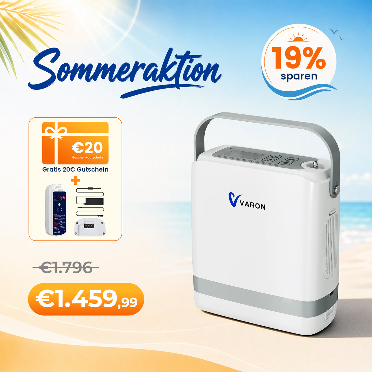 VARON VP-8G | Sauerstoffkonzentrator Mobil mit Pulsfluss-Technologie (1-8 Stufen) VARON