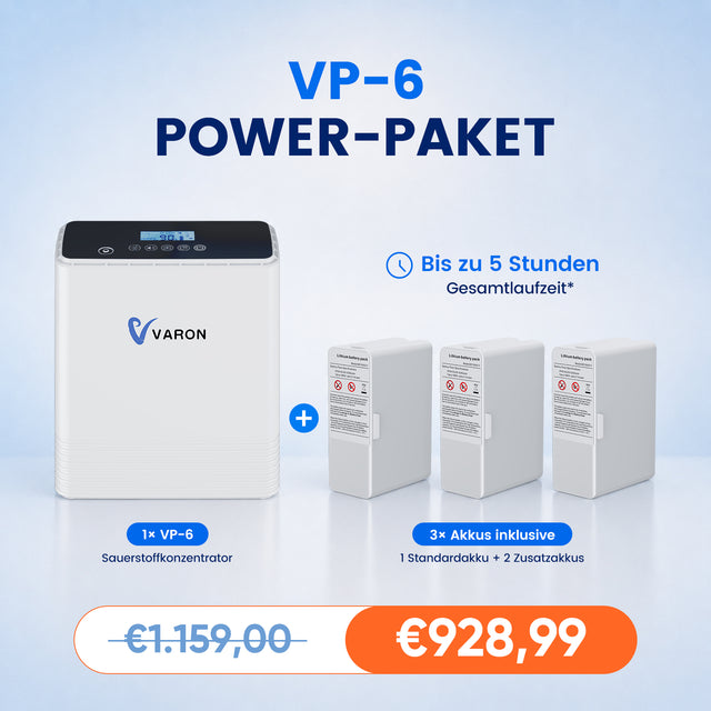 VP-6 Power Bundle – Tragbarer Sauerstoffkonzentrator mit kontinuierlichem Sauerstofffluss und 2 Zusatzakkus VARON