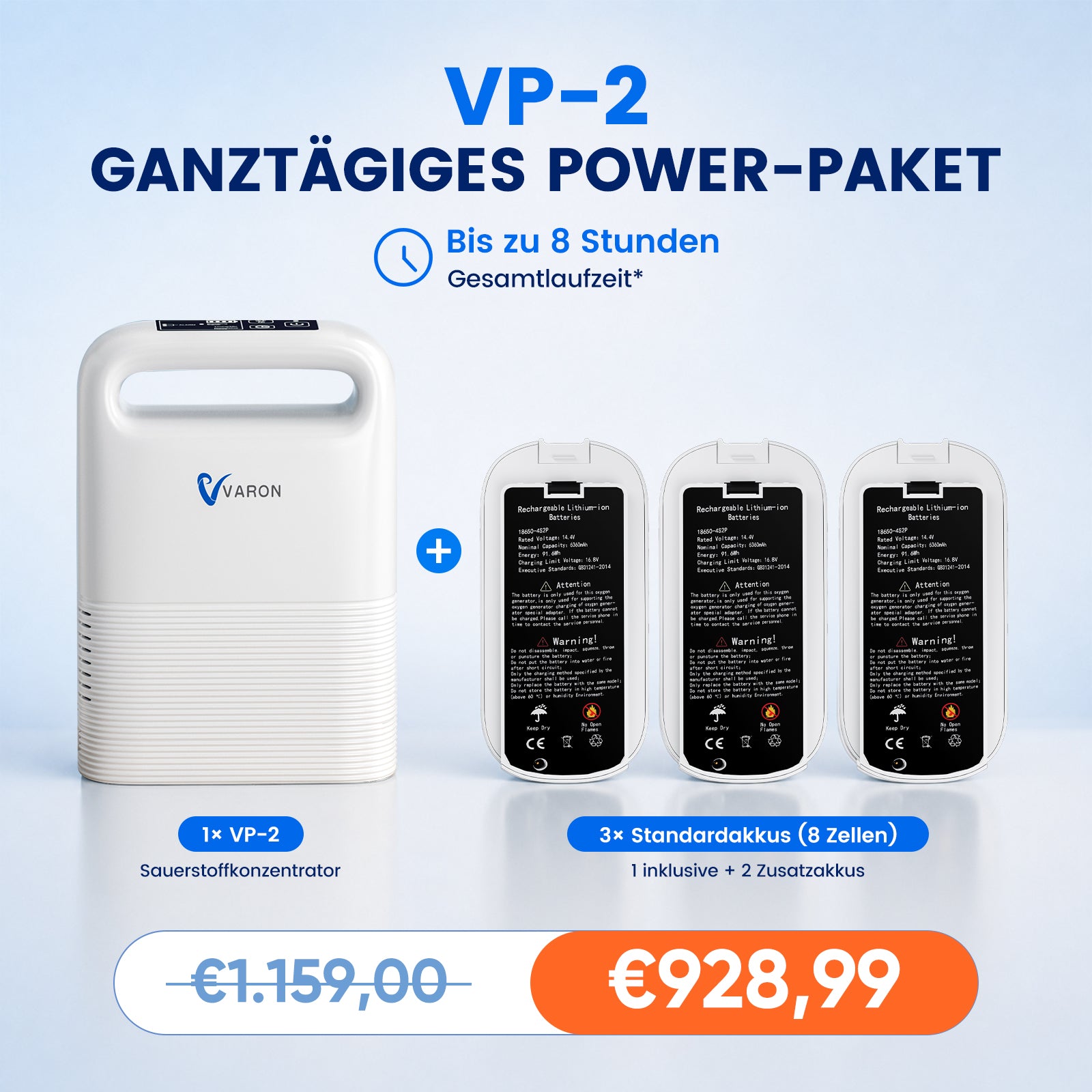 VARON VP-2 Mobiler Sauerstoffkonzentrator Bundle | 8 Stunden Laufzeit mit 2 Zusatzakkus VARON