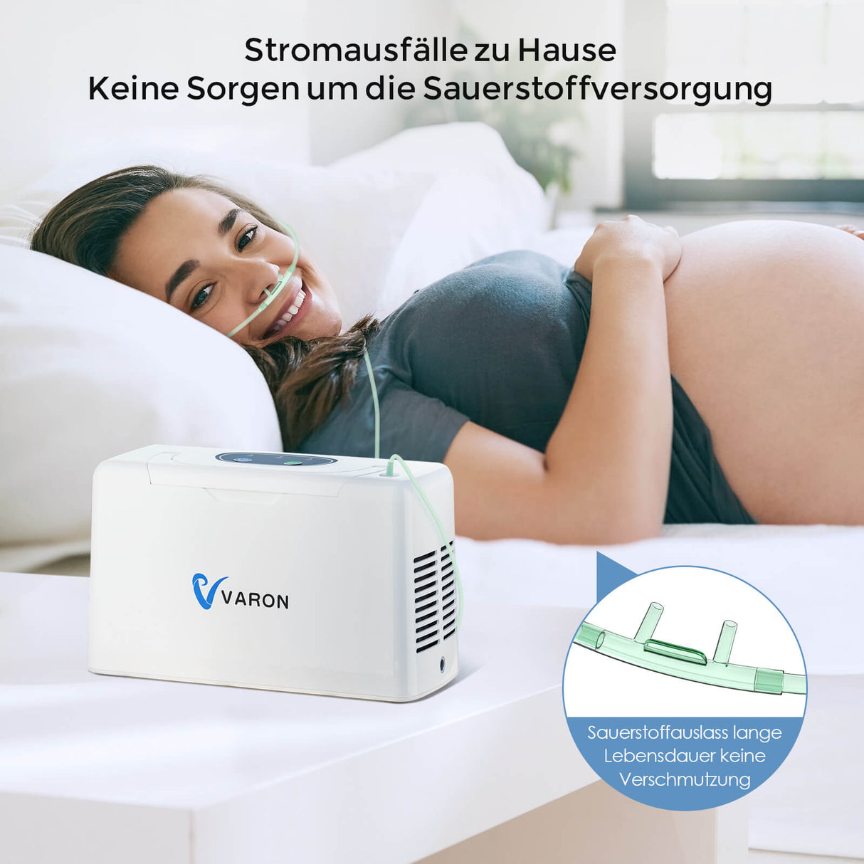 Schwangere Frau, die während der täglichen Routine eine Sauerstofftherapie mit dem tragbaren kontinuierlichen Sauerstoffkonzentrator VARON erhält