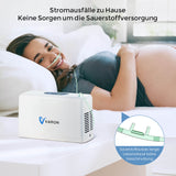Schwangere Frau, die während der täglichen Routine eine Sauerstofftherapie mit dem tragbaren kontinuierlichen Sauerstoffkonzentrator VARON erhält