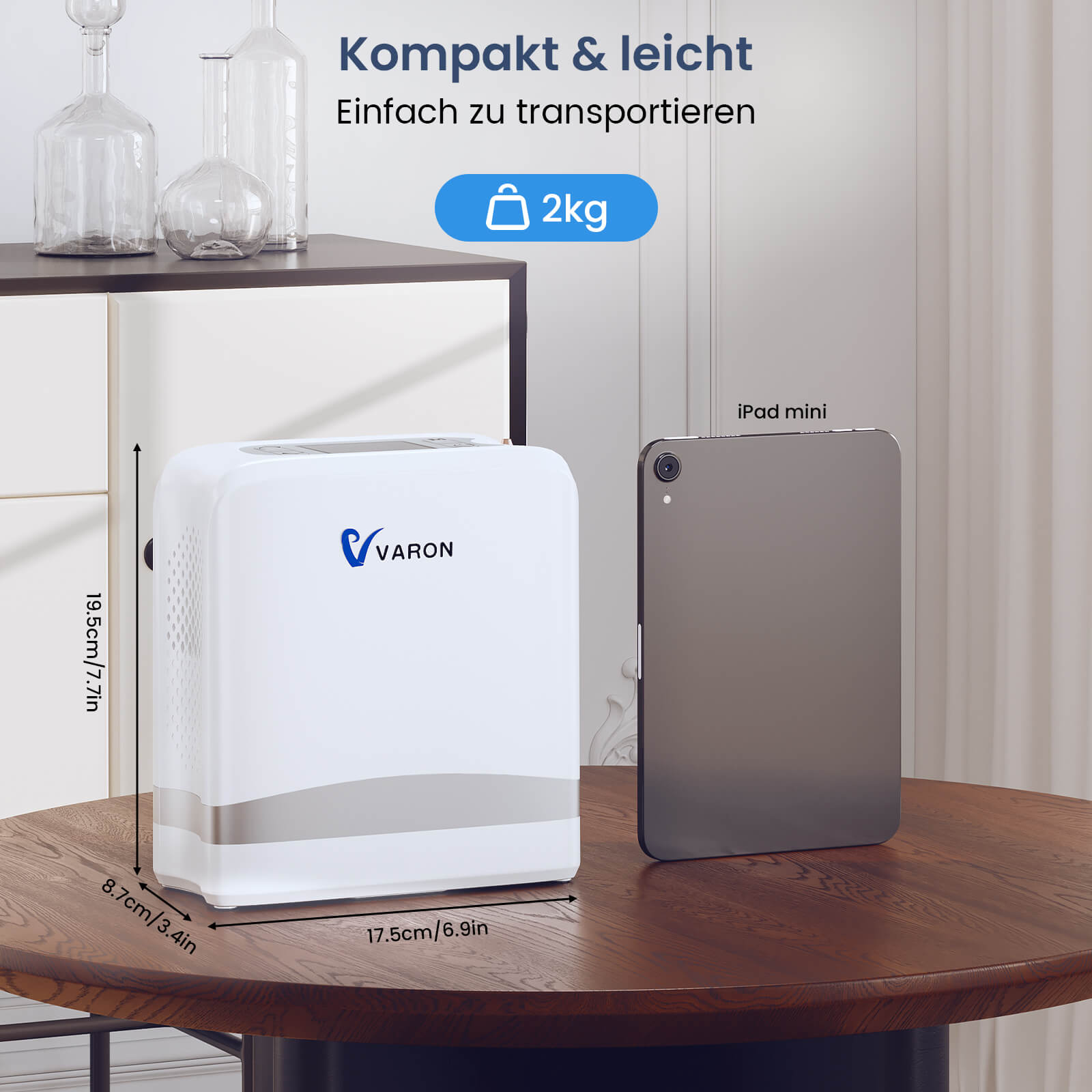 NEU VARON VP-8 Lite | 2 kg tragbarer Sauerstoffkonzentrator mit Pulsdosierung (1–7 Stufen) VARON