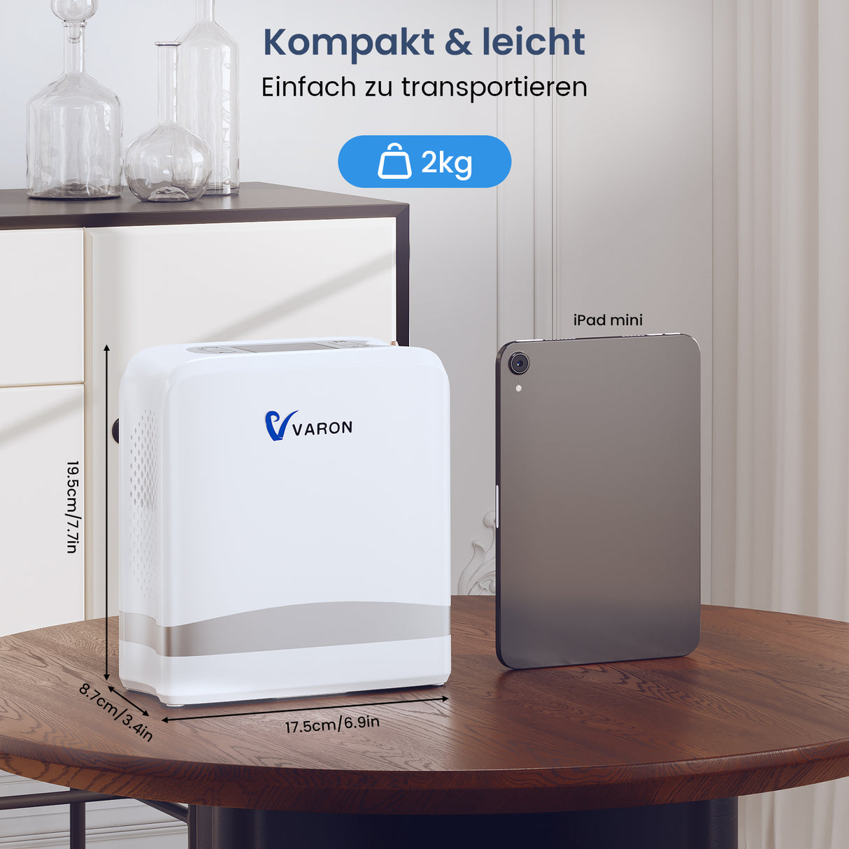VARON VP-8 Lite | 2 kg tragbarer Sauerstoffkonzentrator mit Pulsdosierung (1–7 Stufen) VARON