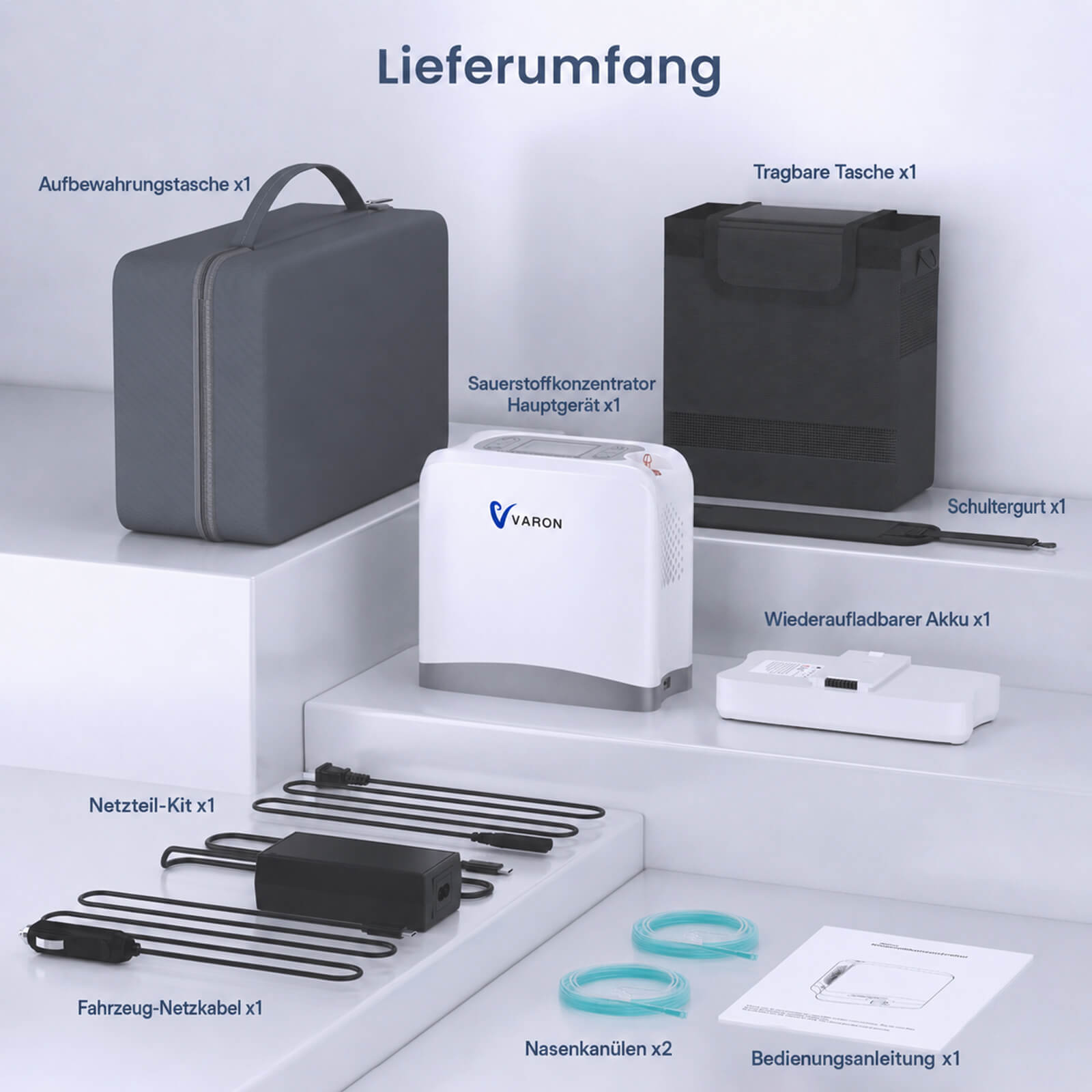 NEU VARON VP-8 Lite | 2 kg tragbarer Sauerstoffkonzentrator mit Pulsdosierung (1–7 Stufen) VARON