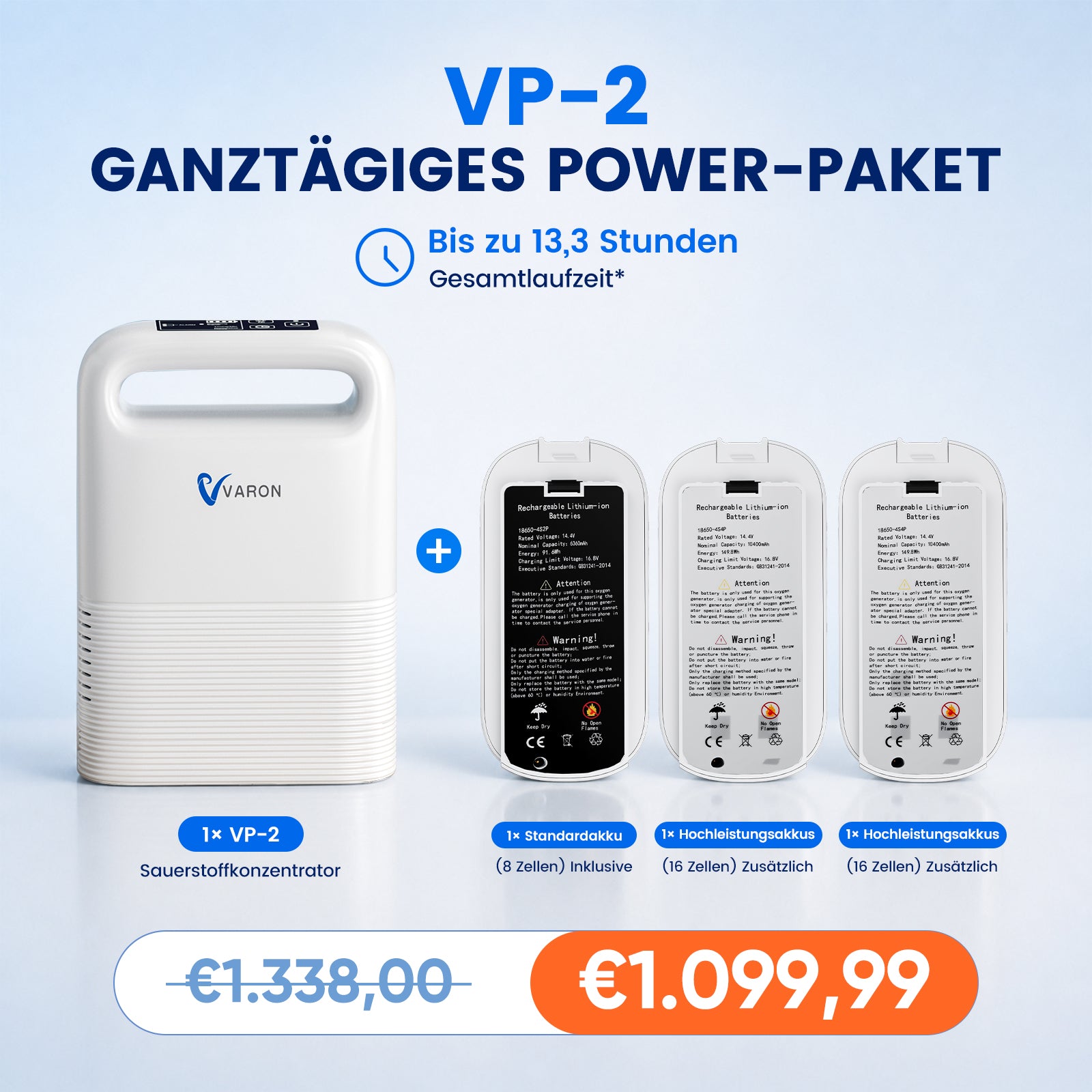 VARON VP-2 Mobiler Sauerstoffkonzentrator Bundle | 8 Stunden Laufzeit mit 2 Zusatzakkus VARON