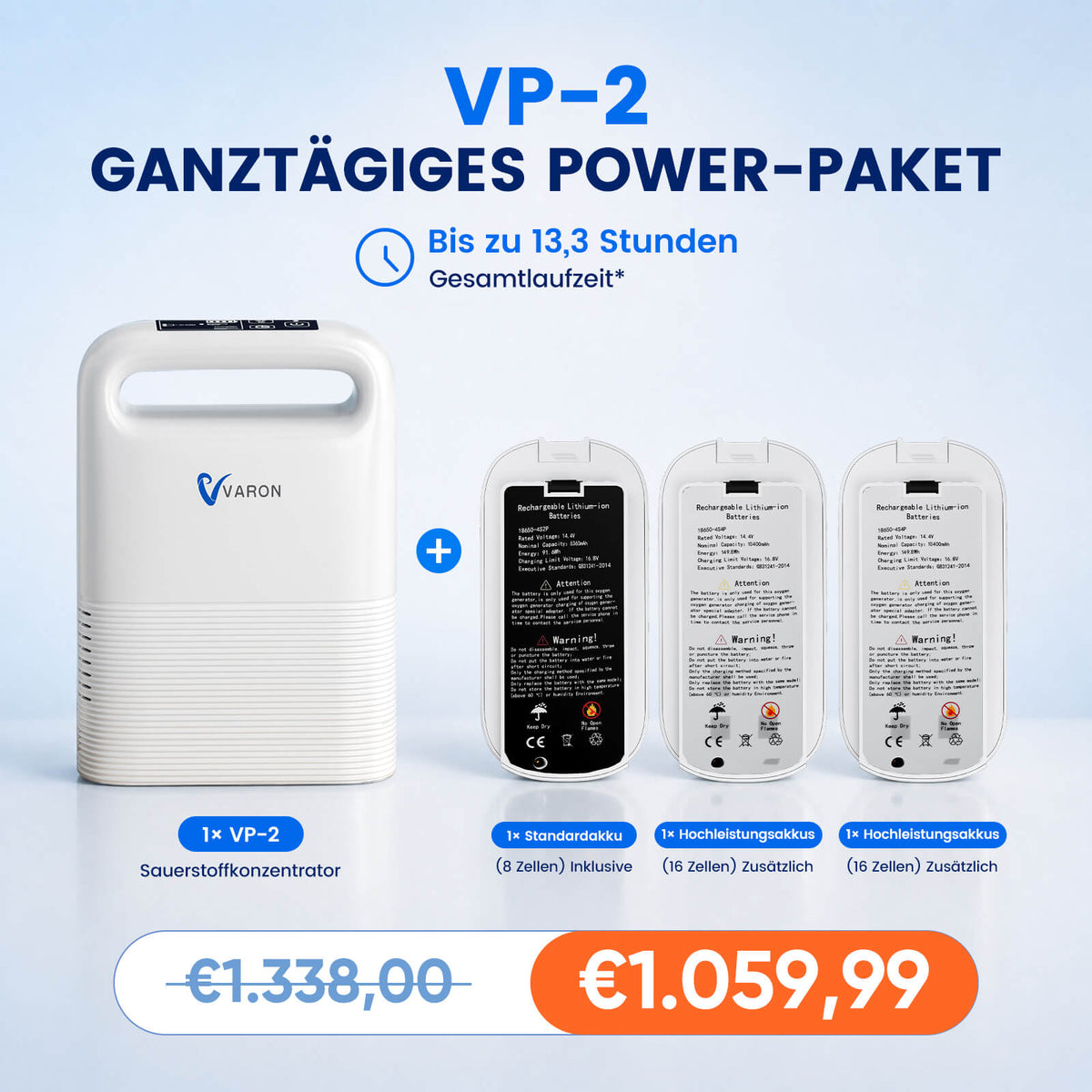 VARON VP-2 Mobiler Sauerstoffkonzentrator Bundle | 8 Stunden Laufzeit mit 2 Zusatzakkus VARON