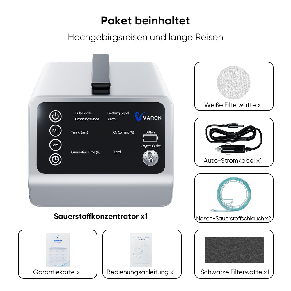 VARON VT-1 Puls- & Kontinuierlicher Sauerstoffkonzentrator | Ideal für Reisen, CE-geprüft VARON