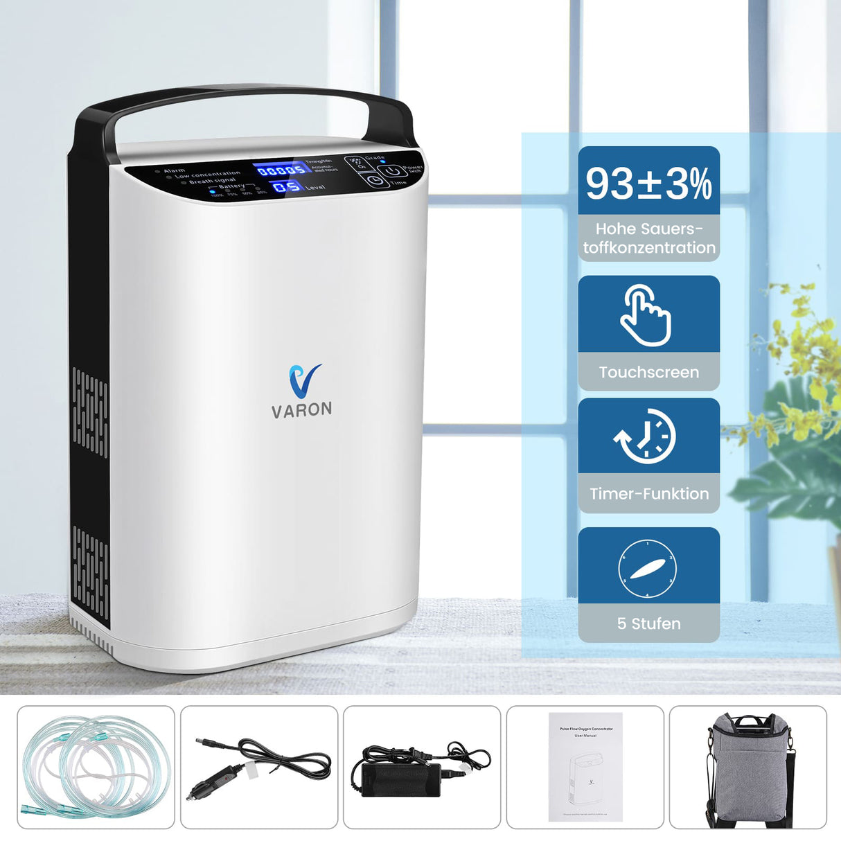 VARON VP-1 Pulse Sauerstoffkonzentrator Mobil mit Akku | 24-Stunden-Betrieb, CE-zertifiziert VARON