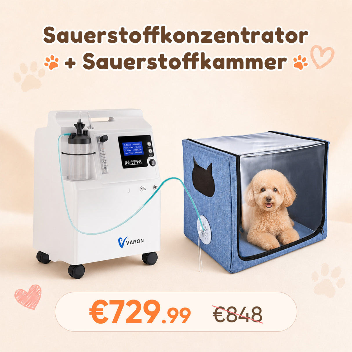 Sauerstoffkonzentrator für Haustiere 1-5L/min, <43dB | Modell Serene 5 | Kompatibel mit VARON Sauerstoffkammer VARON