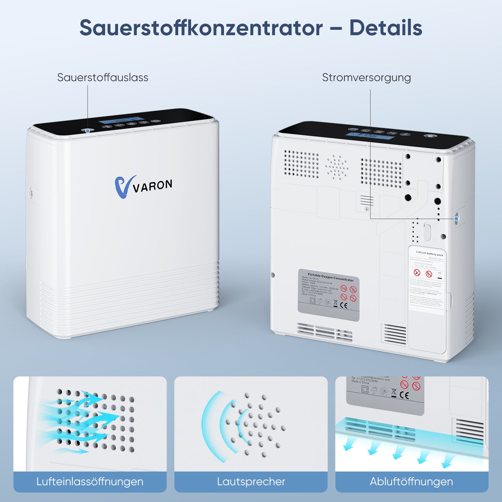VARON VP-6 Kontinuierlicher tragbarer Sauerstoff-Konzentrator | 1-6L/min Durchfluss, CE-geprüft VARON