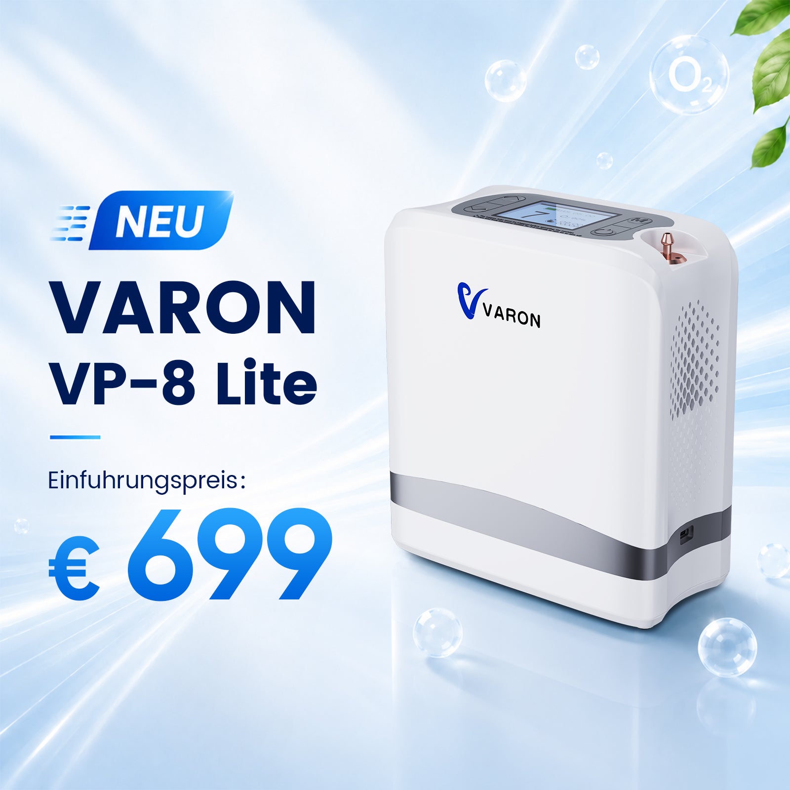 【Vorbestellung】VARON VP-8 Lite | 2 kg tragbarer Sauerstoffkonzentrator mit Pulsdosierung (1–7 Stufen) VARON