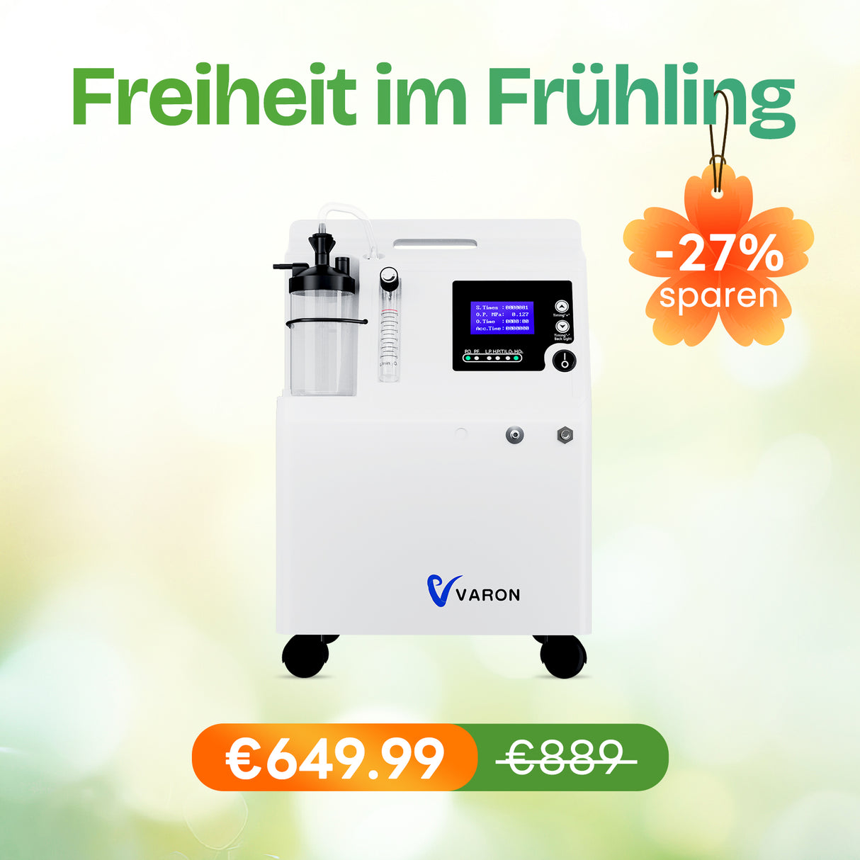 VARON Serene 5 Sauerstoffgerät Für Zuhause | 5 liter, CE-Zertifizierung, 72H Betrieb VARON