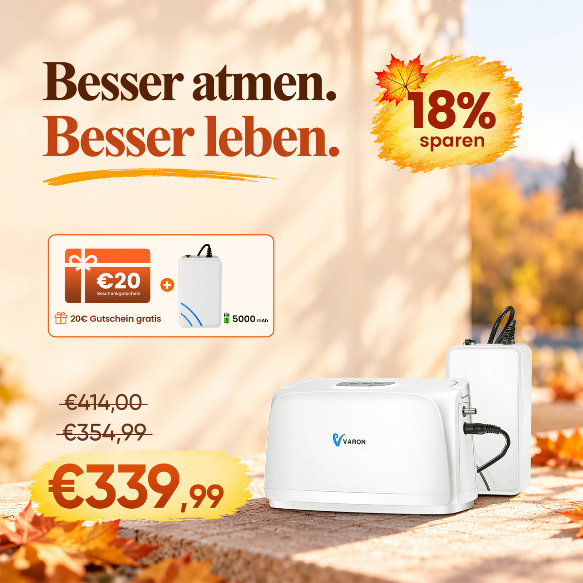 VARON VL-1 Tragbarer Sauerstoffkonzentrator mit Festfrequenz | Akkubetrieb, CE-geprüft VARON
