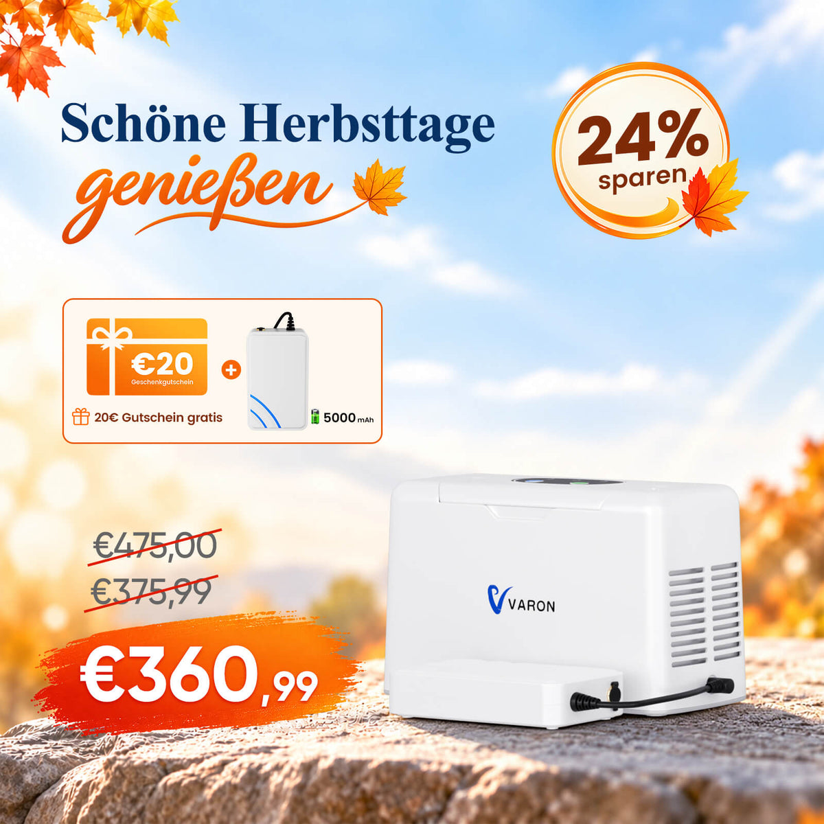 VARON VL-2 Light 3L/min Kontinuierlicher tragbarer Sauerstoff-Konzentrator mit Akku, CE-geprüft VARON