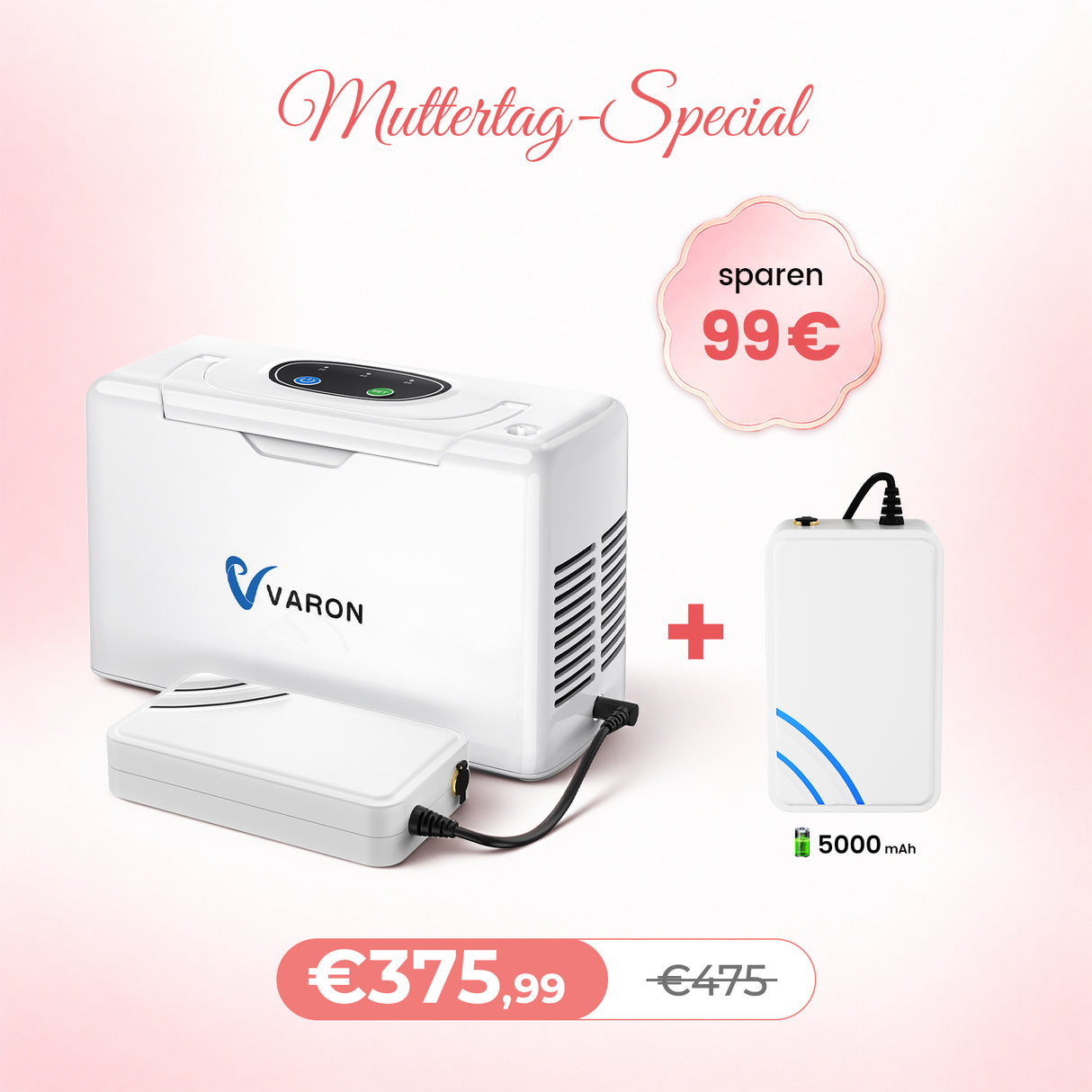VARON VL-2 Light 3L/min Kontinuierlicher tragbarer Sauerstoff-Konzentrator mit Akku, CE-geprüft VARON