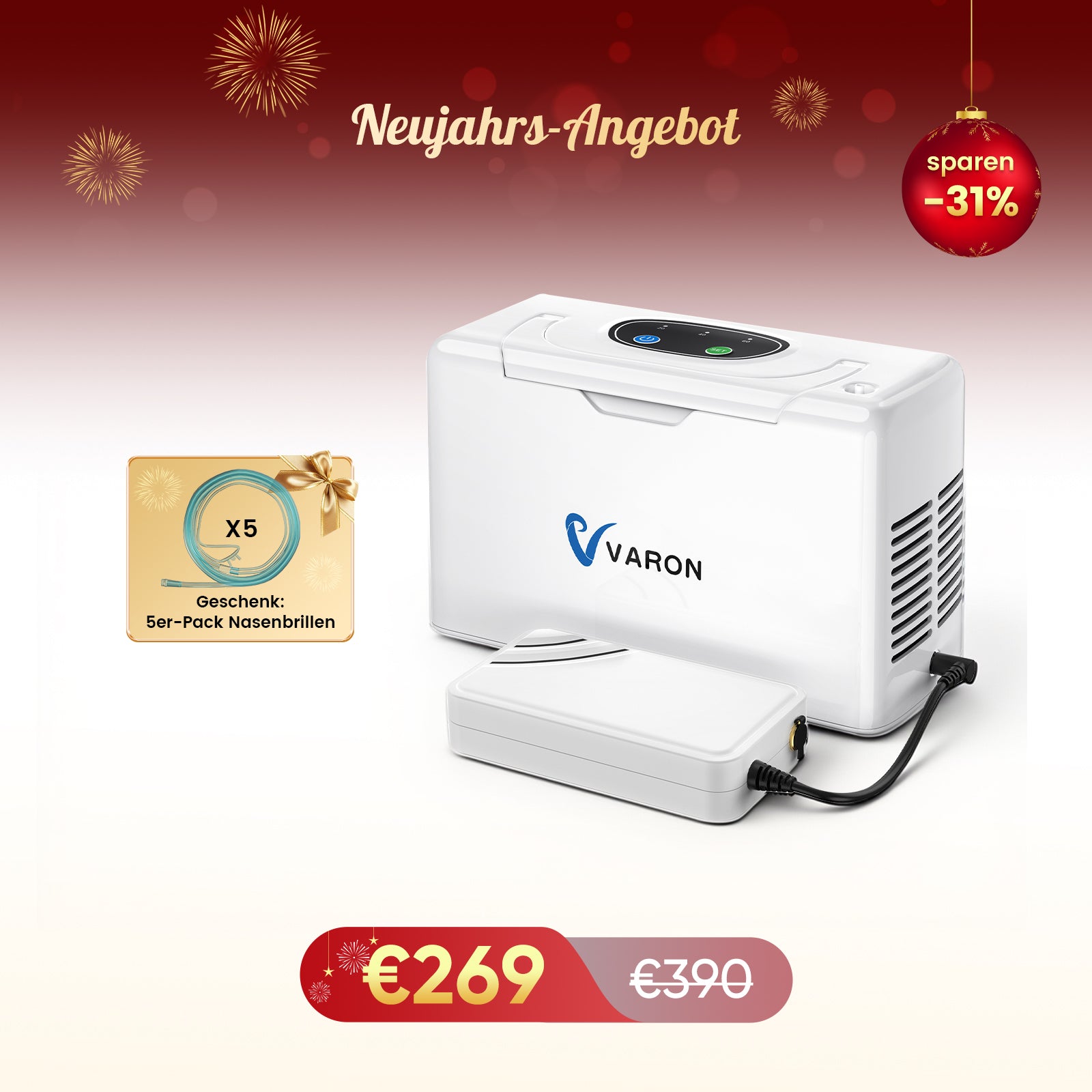 VARON VL-2 Light 3L/min Kontinuierlicher tragbarer Sauerstoff-Konzentrator mit Akku, CE-geprüft VARON