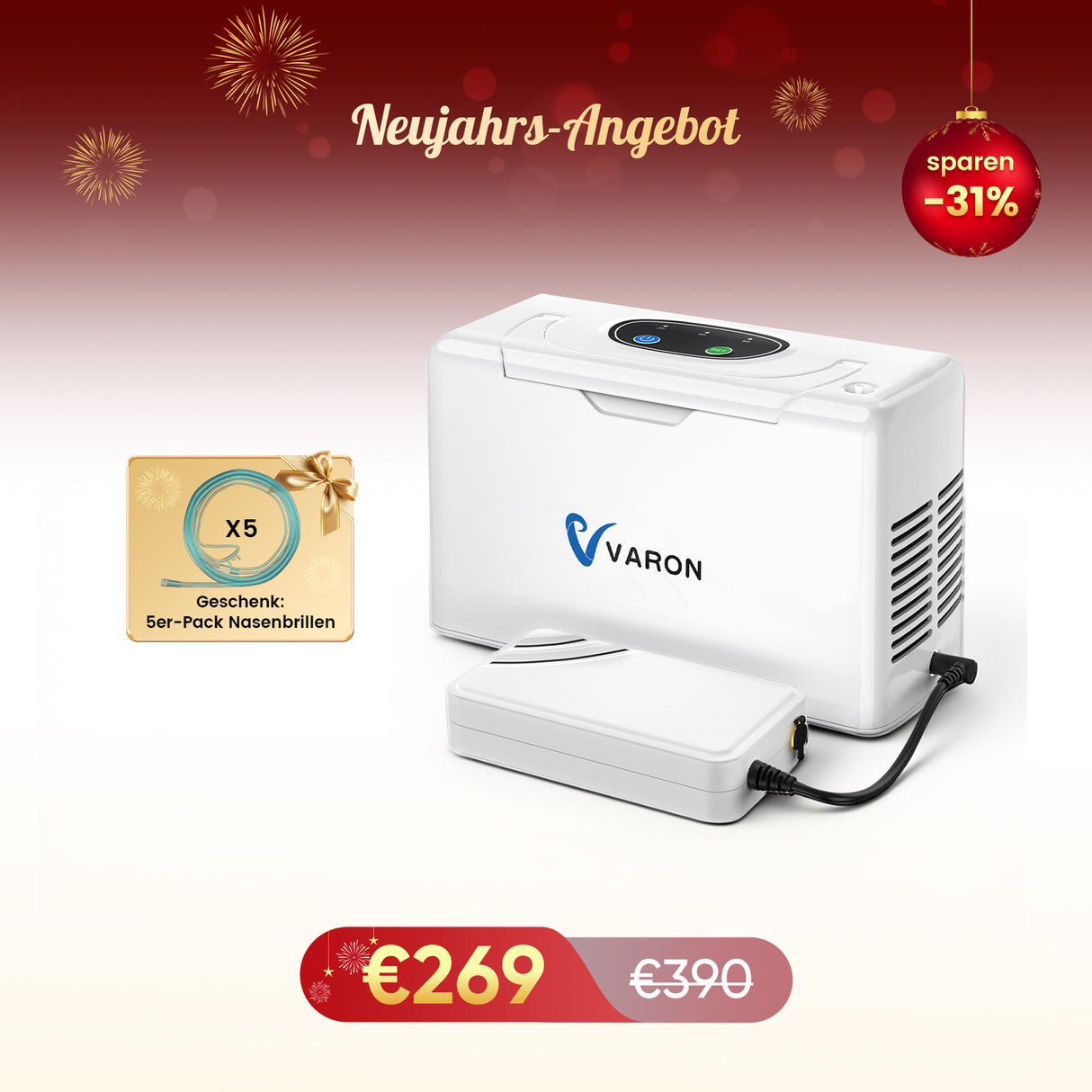 VARON VL-2 Light 3L/min Kontinuierlicher tragbarer Sauerstoff-Konzentrator mit Akku, CE-geprüft VARON