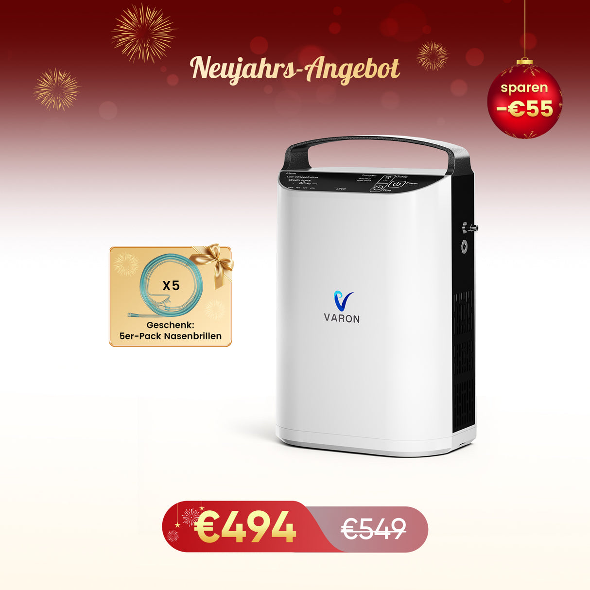 VARON VP-1 Pulse Sauerstoffkonzentrator Mobil mit Akku | 24-Stunden-Betrieb, CE-zertifiziert VARON