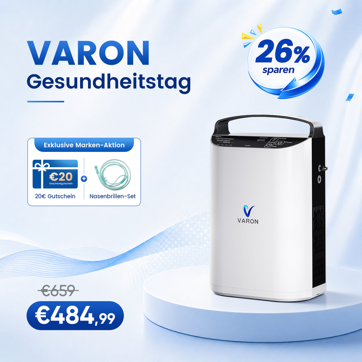 VARON VP-1 Pulse Sauerstoffkonzentrator Mobil mit Akku | 24-Stunden-Betrieb, CE-zertifiziert VARON
