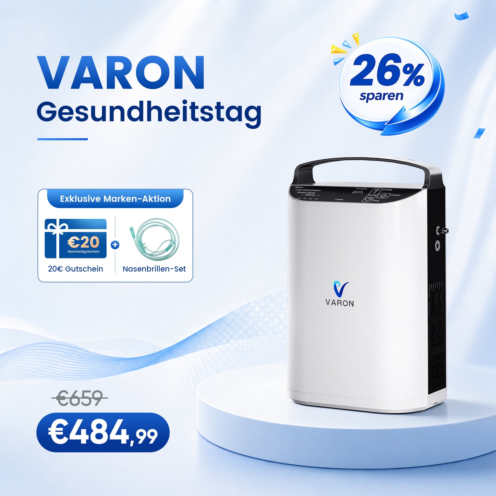 VARON VP-1 Pulse Sauerstoffkonzentrator Mobil mit Akku | 24-Stunden-Betrieb, CE-zertifiziert VARON