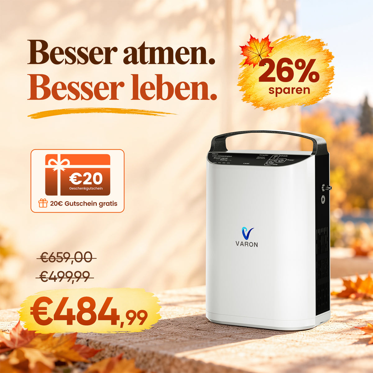 VARON VP-1 Pulse Sauerstoffkonzentrator Mobil mit Akku | 24-Stunden-Betrieb, CE-zertifiziert VARON