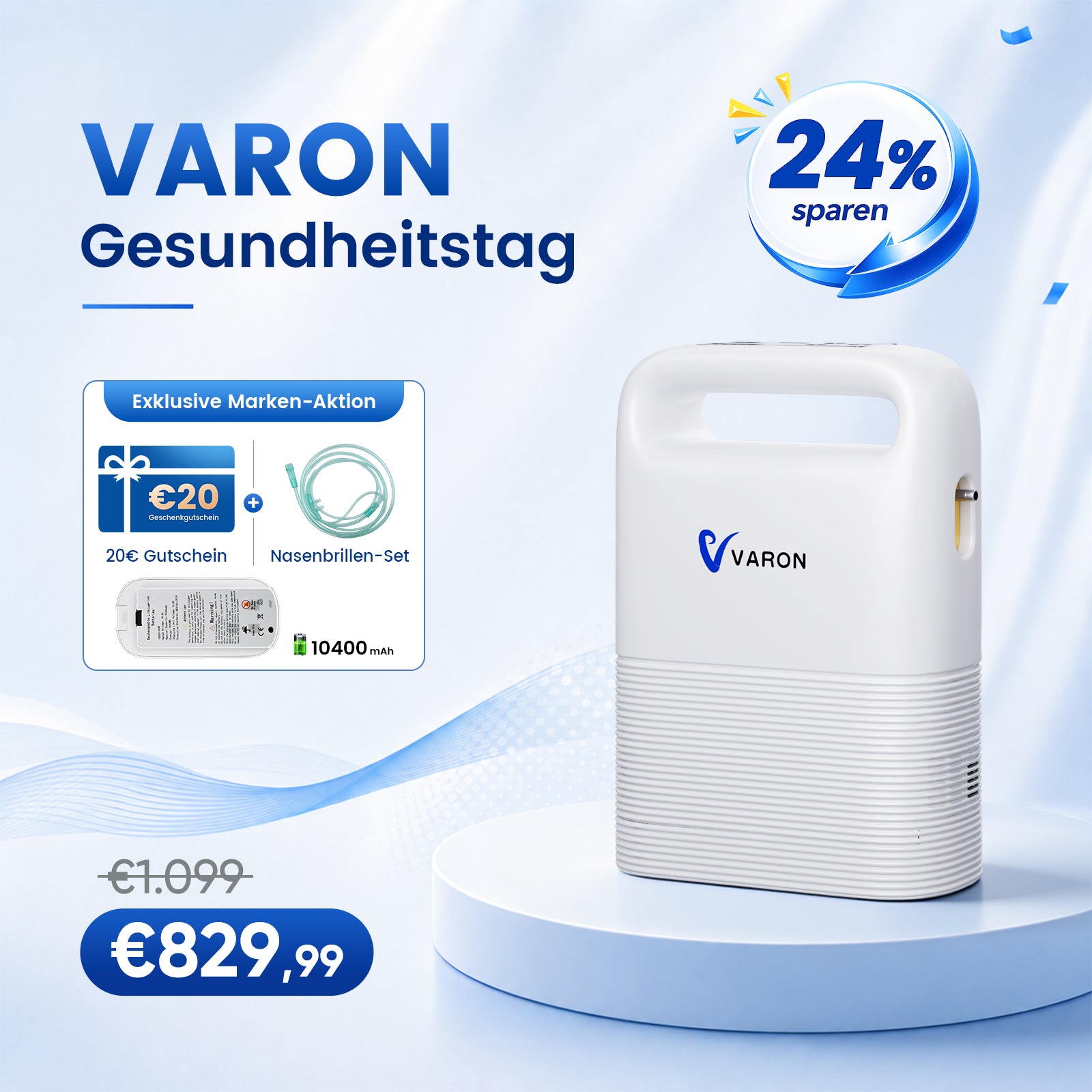 VARON VP-2 Pulse Sauerstoffkonzentrator Mobil mit Akku | 93% Sauerstoff, lange Batterie, CE-geprüft VARON