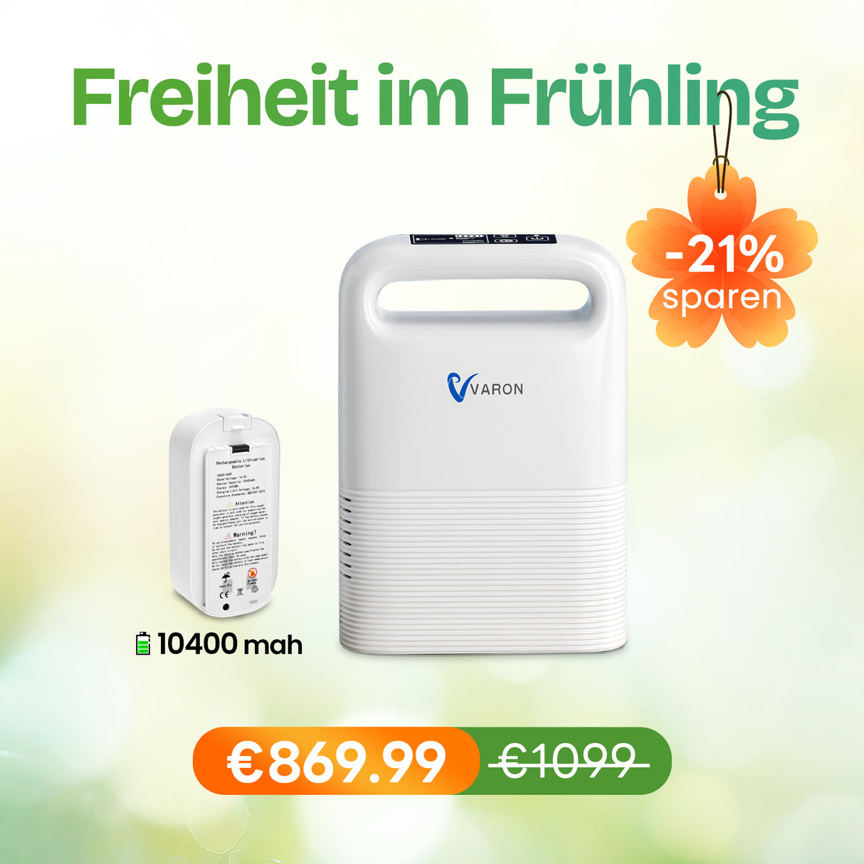 VARON VP-2 Pulse Sauerstoffkonzentrator Mobil mit Akku | 93% Sauerstoff, lange Batterie, CE-geprüft VARON