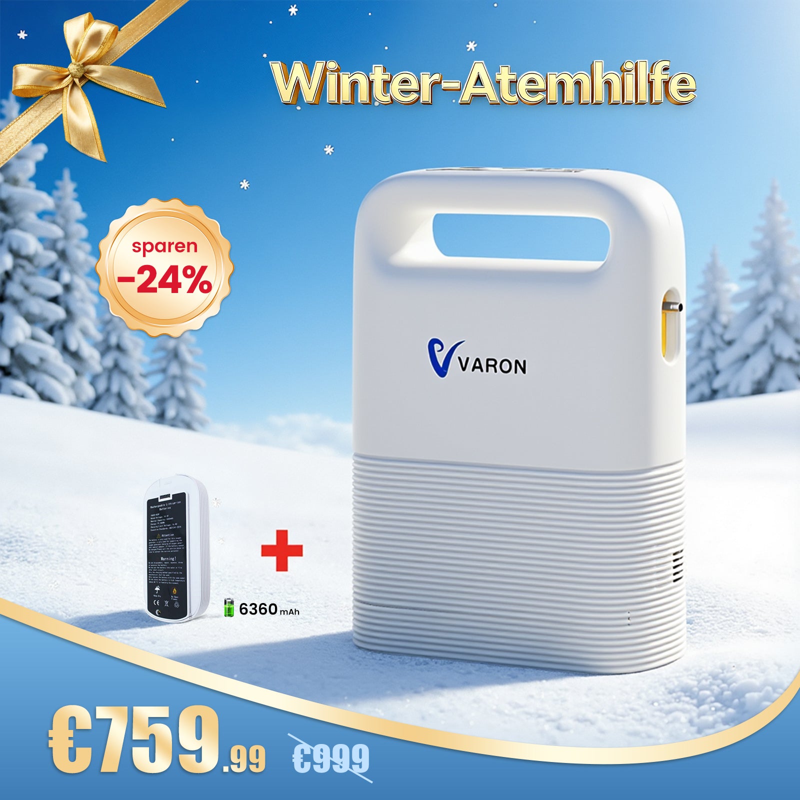 VARON VP-2 Pulse Sauerstoffkonzentrator Mobil mit Akku | 93% Sauerstoff, lange Batterie, CE-geprüft