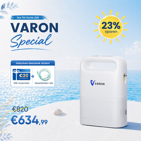 VARON VP-2 Pulse Sauerstoffkonzentrator Mobil mit Akku | 93% Sauerstoff, lange Batterie, CE-geprüft VARON